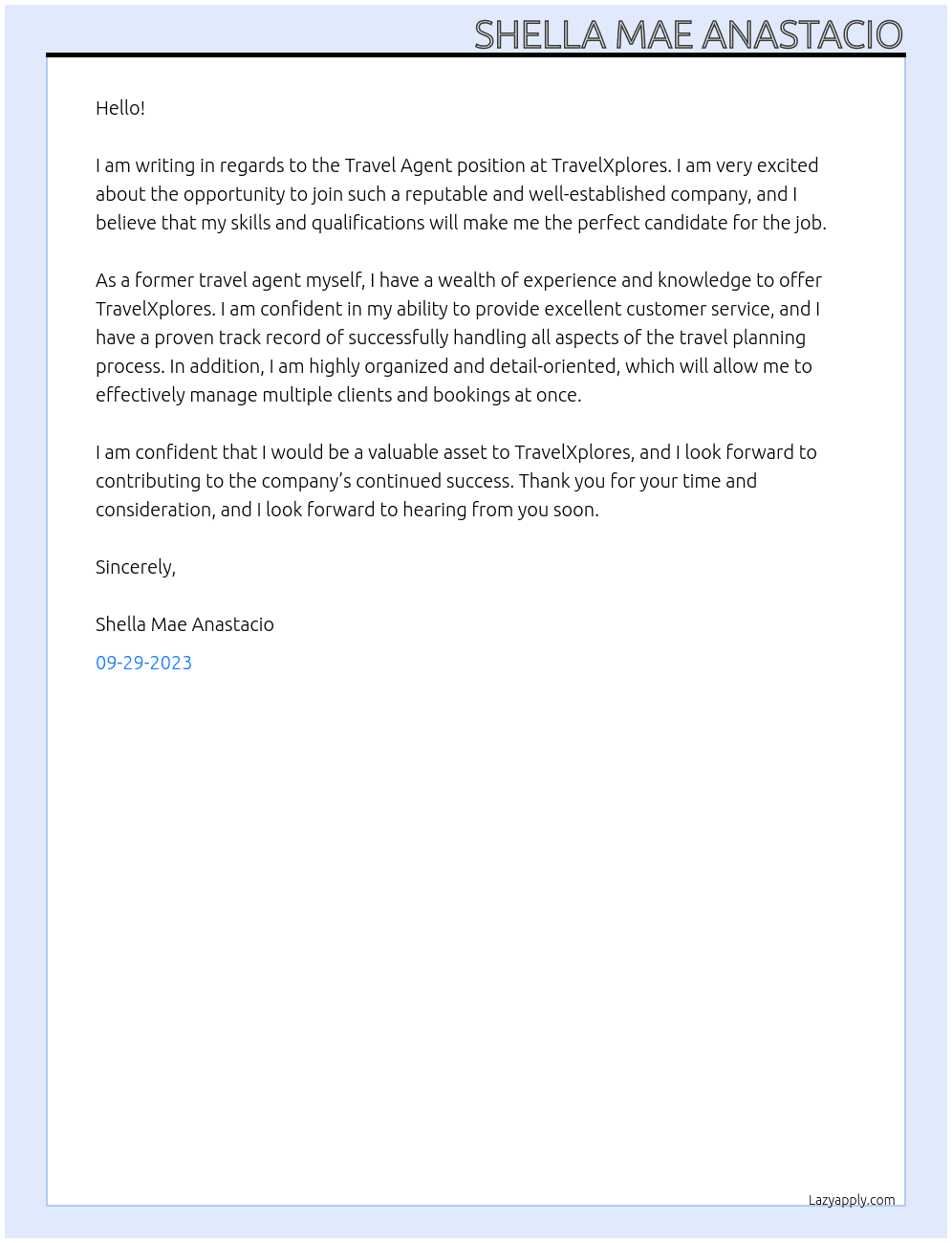 Travel Agent At TravelXplores Cover Letter
