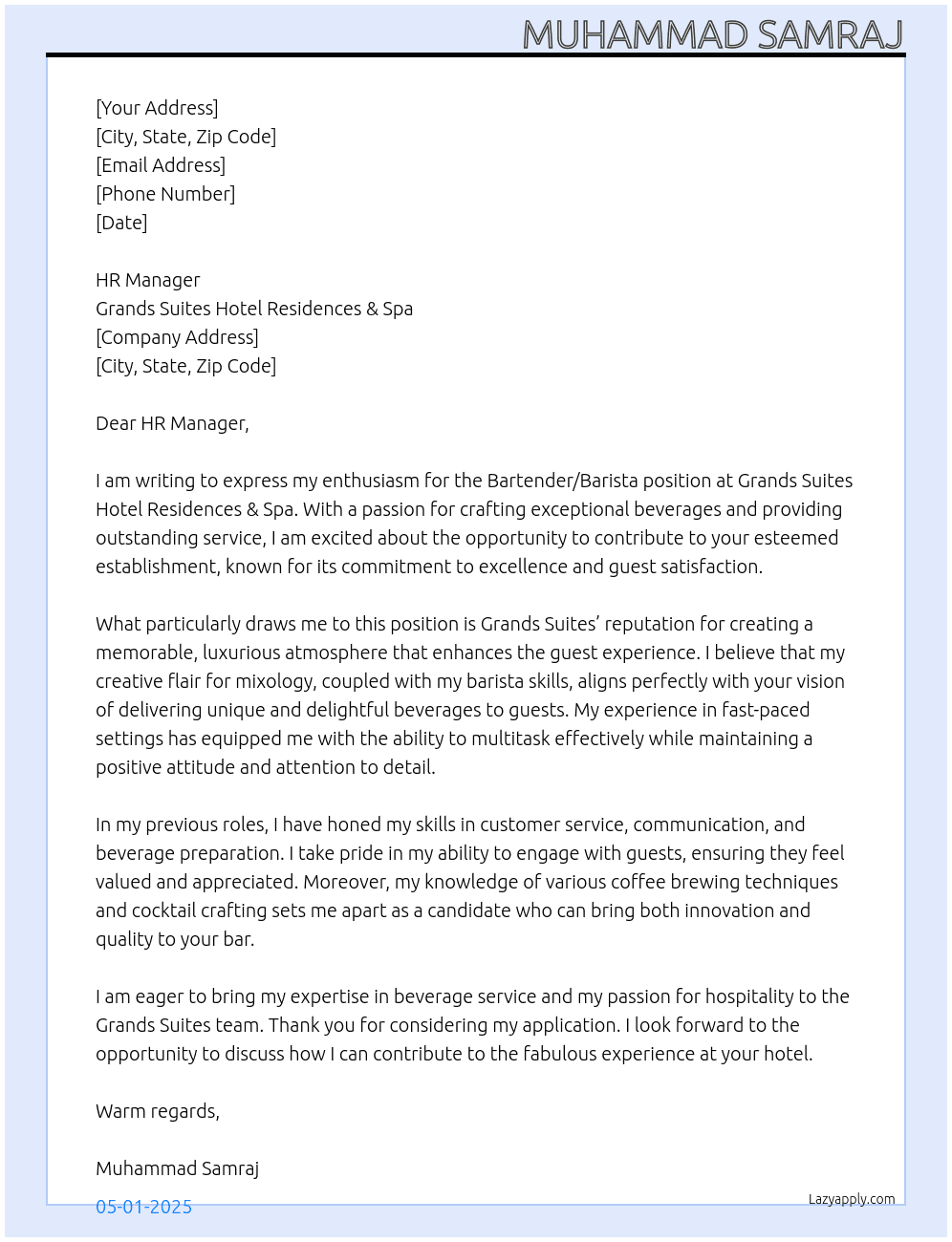 Cover letter for bartender/barista - LazyApply