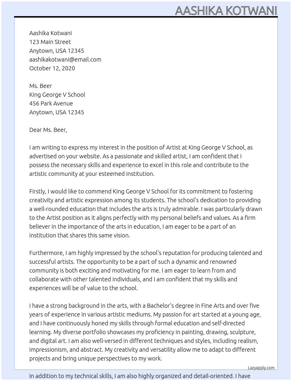 Artist At King George V School Cover Letter