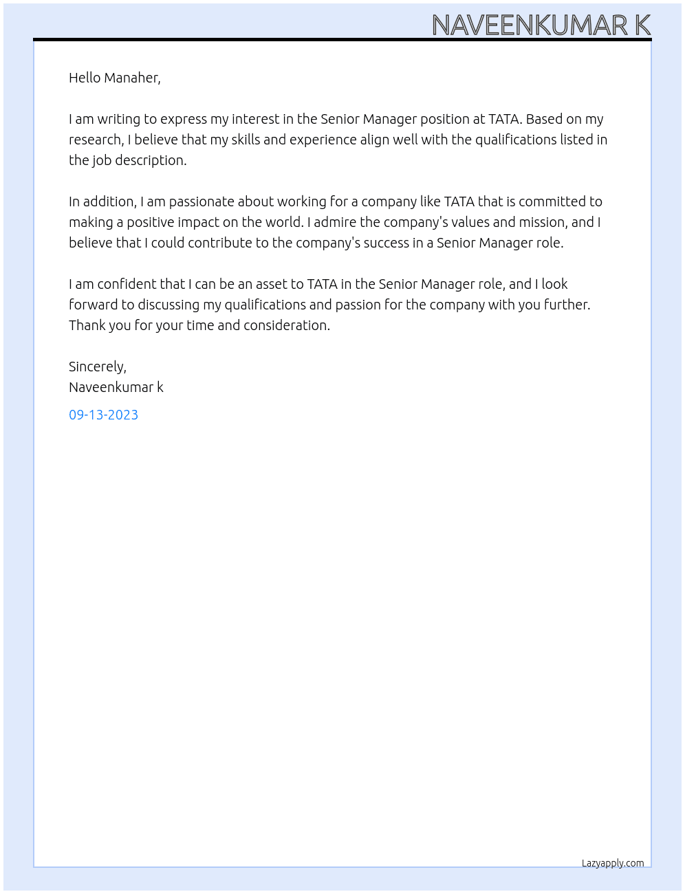 SENIOR MANAGER At TATA Cover Letter