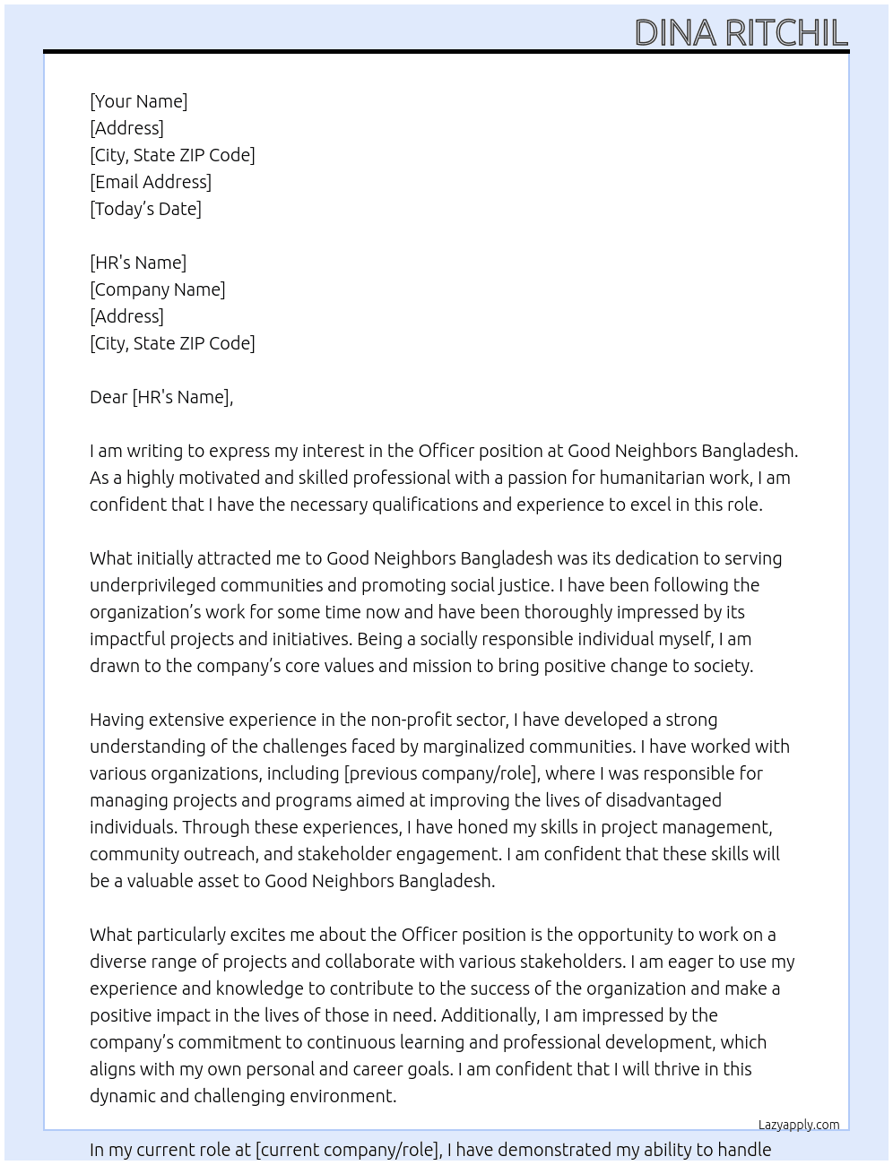 Officer At good neighbors bangladesh Cover Letter