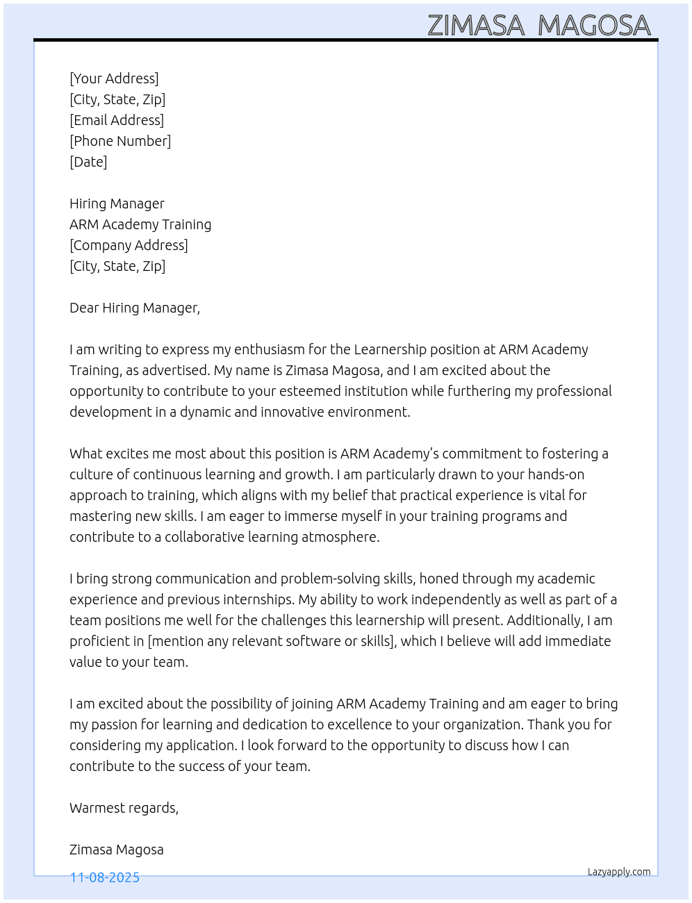 Learnership At ARM Academy Training  Cover Letter