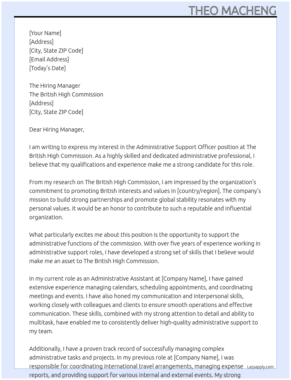 Administrative Support Officer At The British High Commision Cover Letter