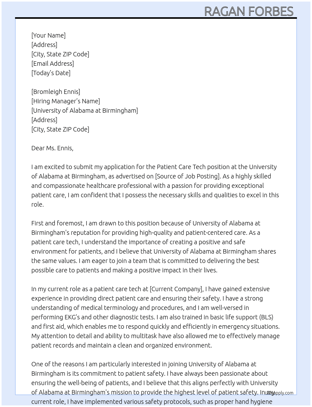Patient Care Tech At University of Alabama at Birmingham Cover Letter