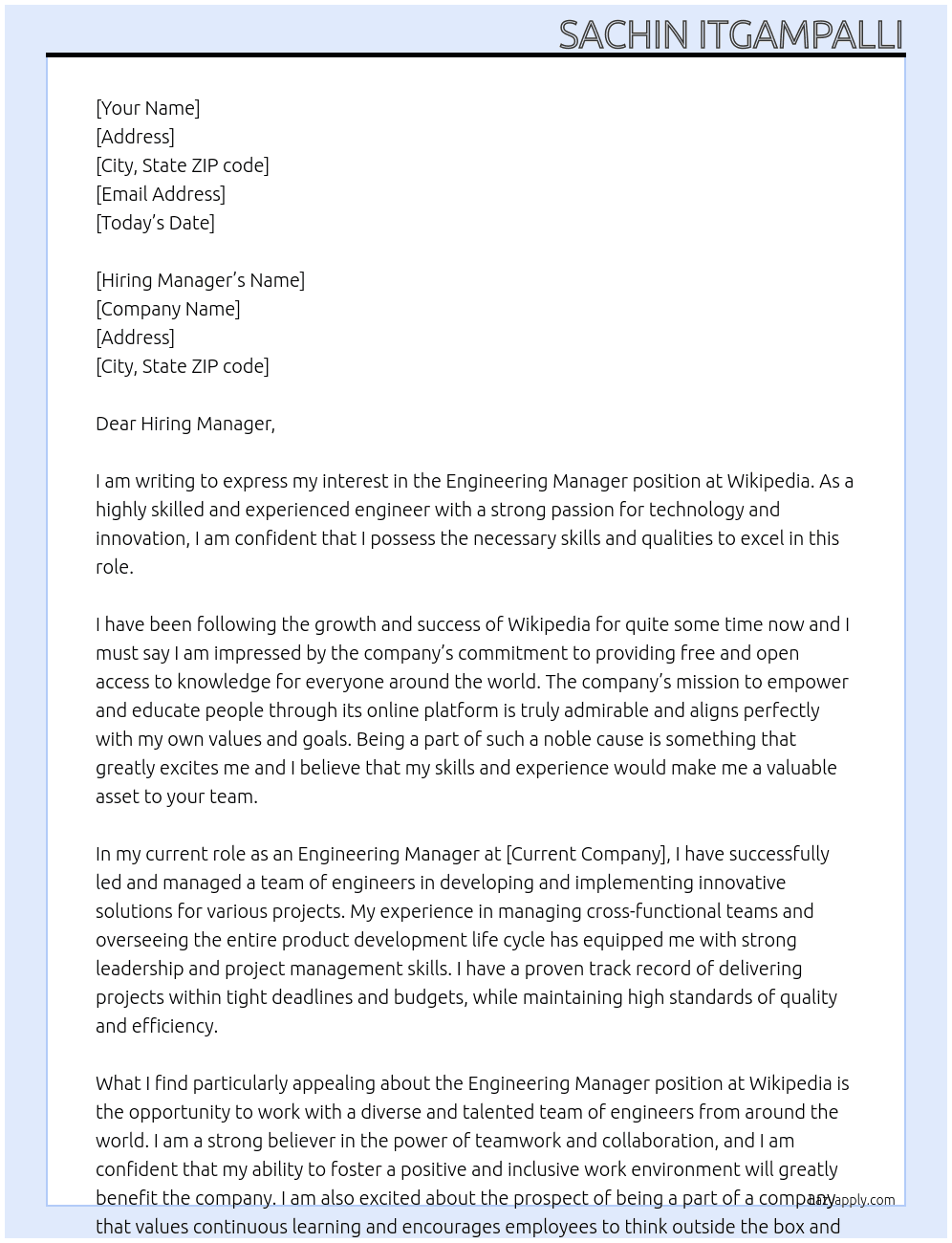 Engineering Manager At Wikipedia Cover Letter