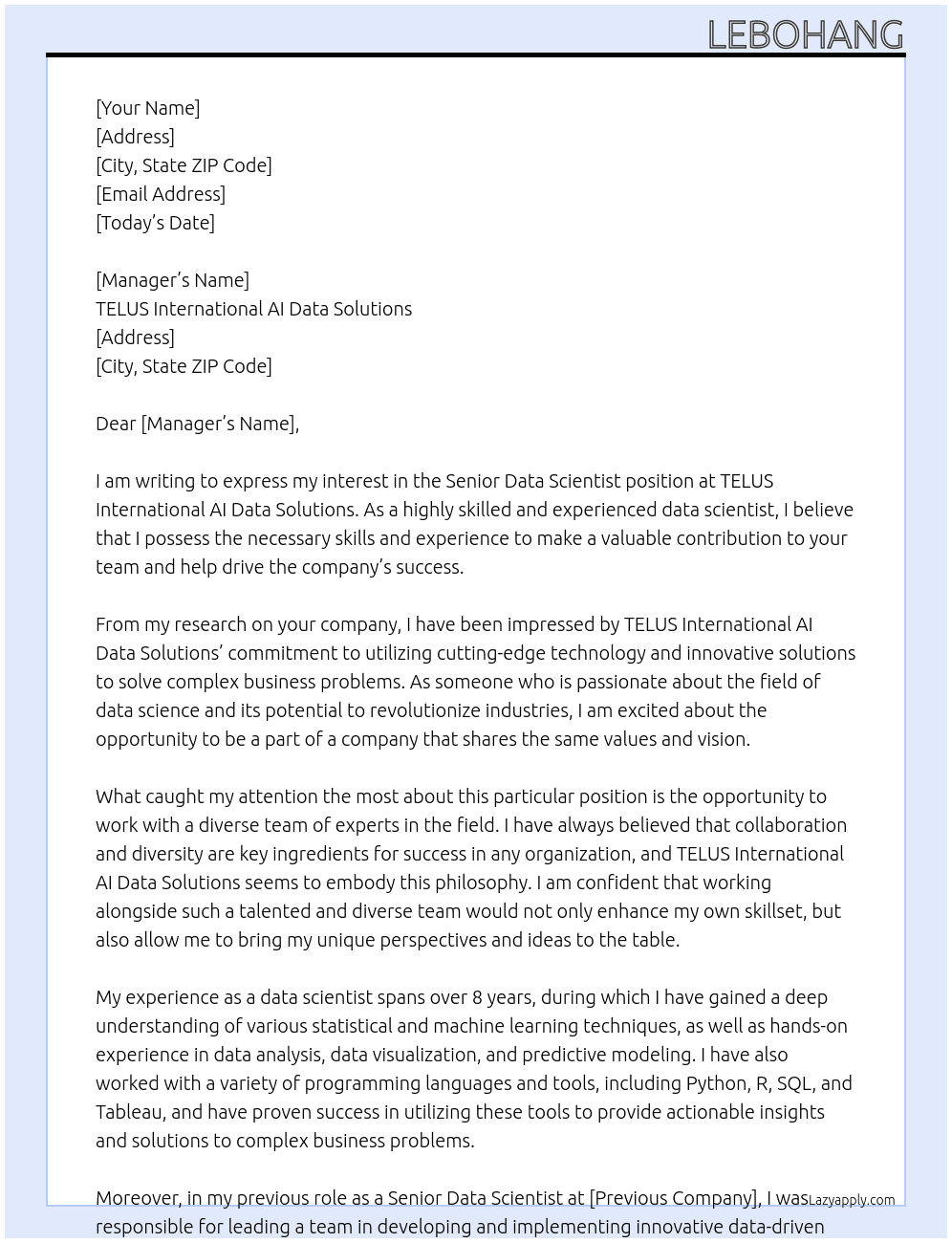 senior data scientist At TELUS International AI Data Solutions Cover Letter