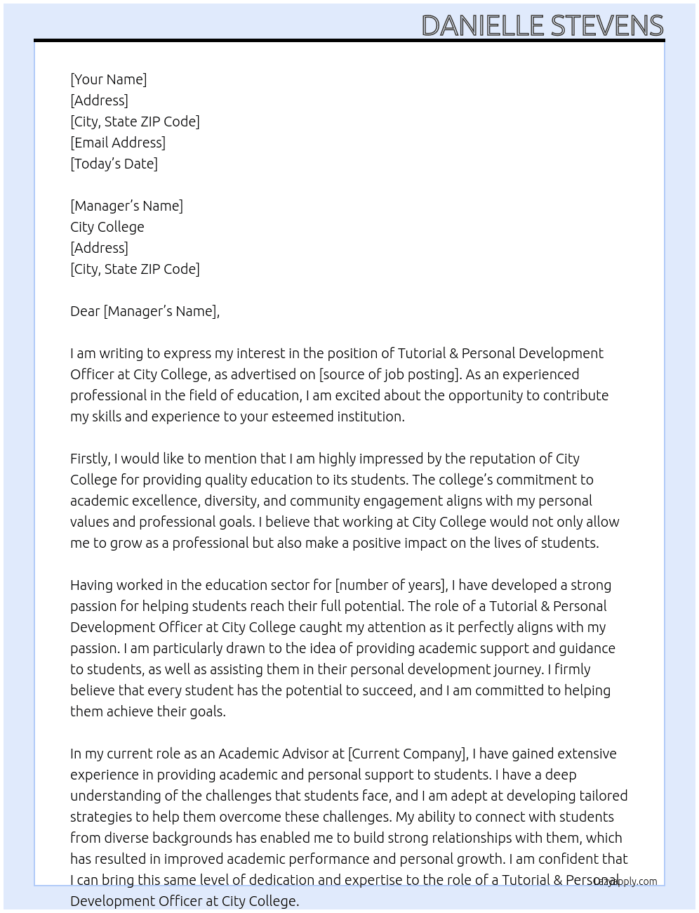 Tutorial & Personal Development Officer At City College  Cover Letter