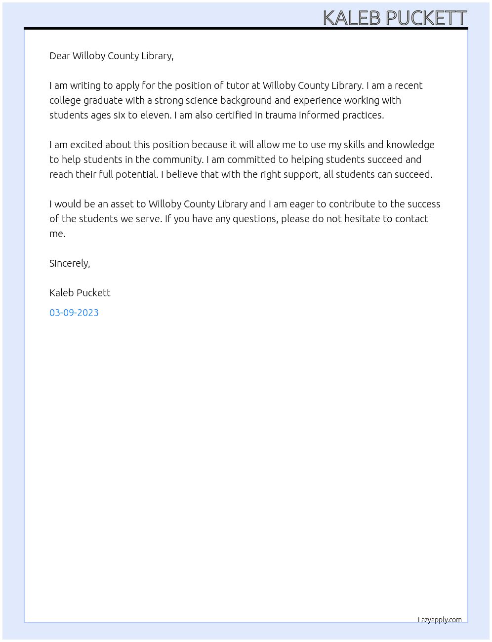 Tutor At Willoby County Library Cover Letter