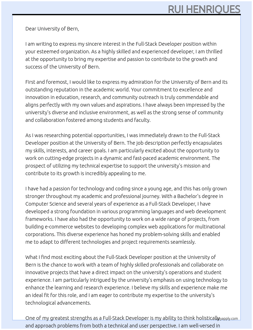 Full-Stack Developer At University of Bern Cover Letter