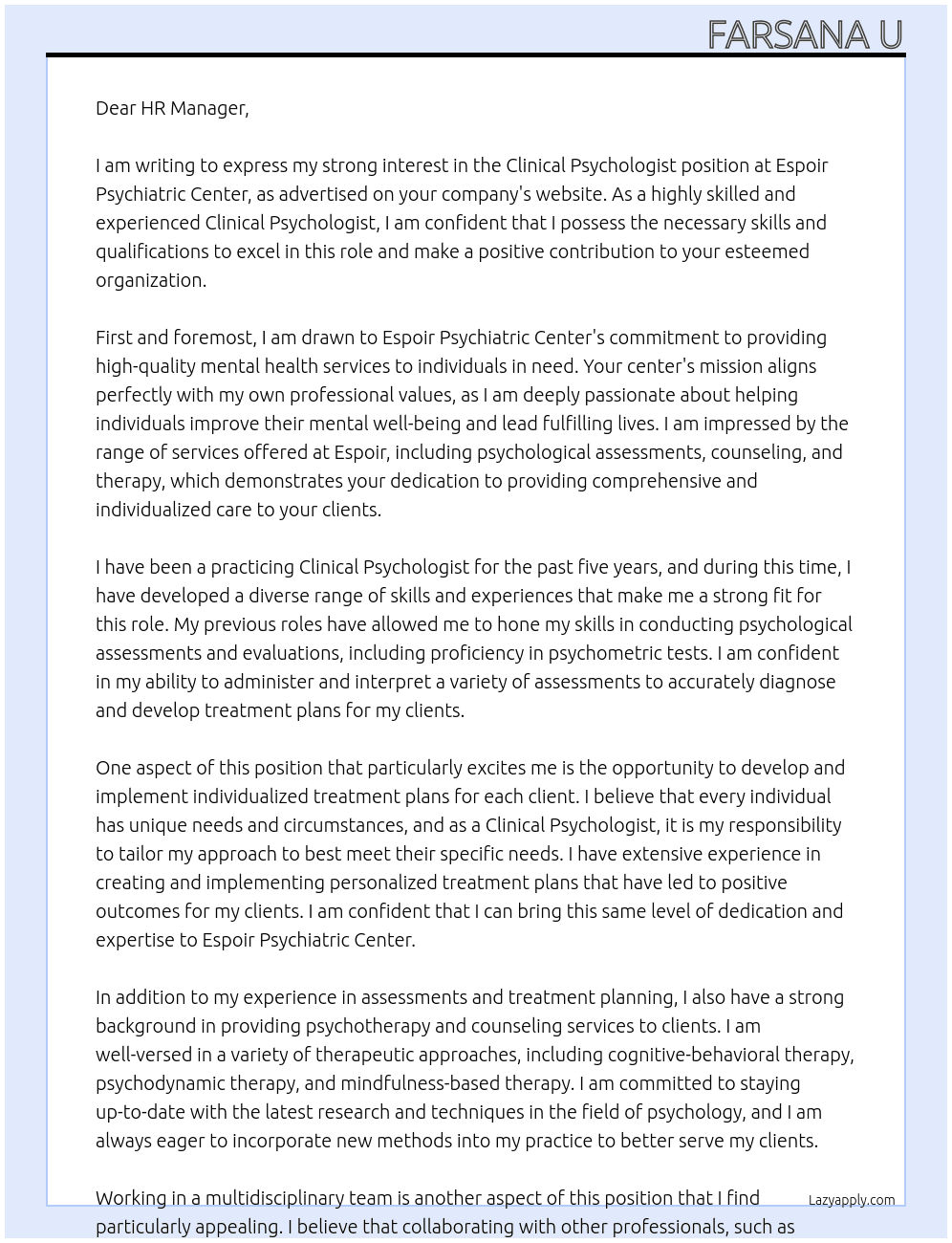Clinical psychologist  At Espoir Psychiatric Center Cover Letter