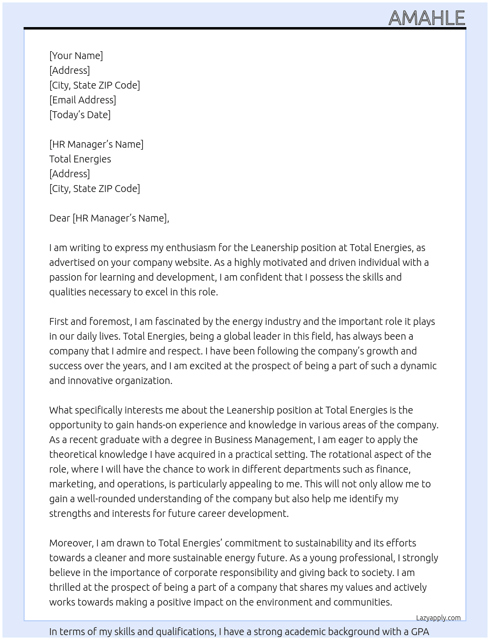 Leanership  At Total Energies  Cover Letter