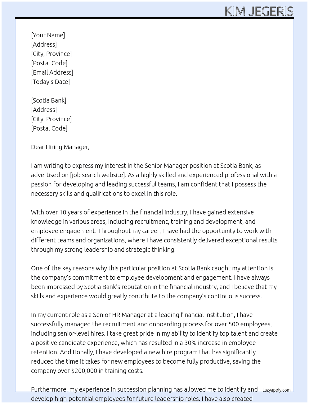 Senior Manager At Scotia Bank Cover Letter