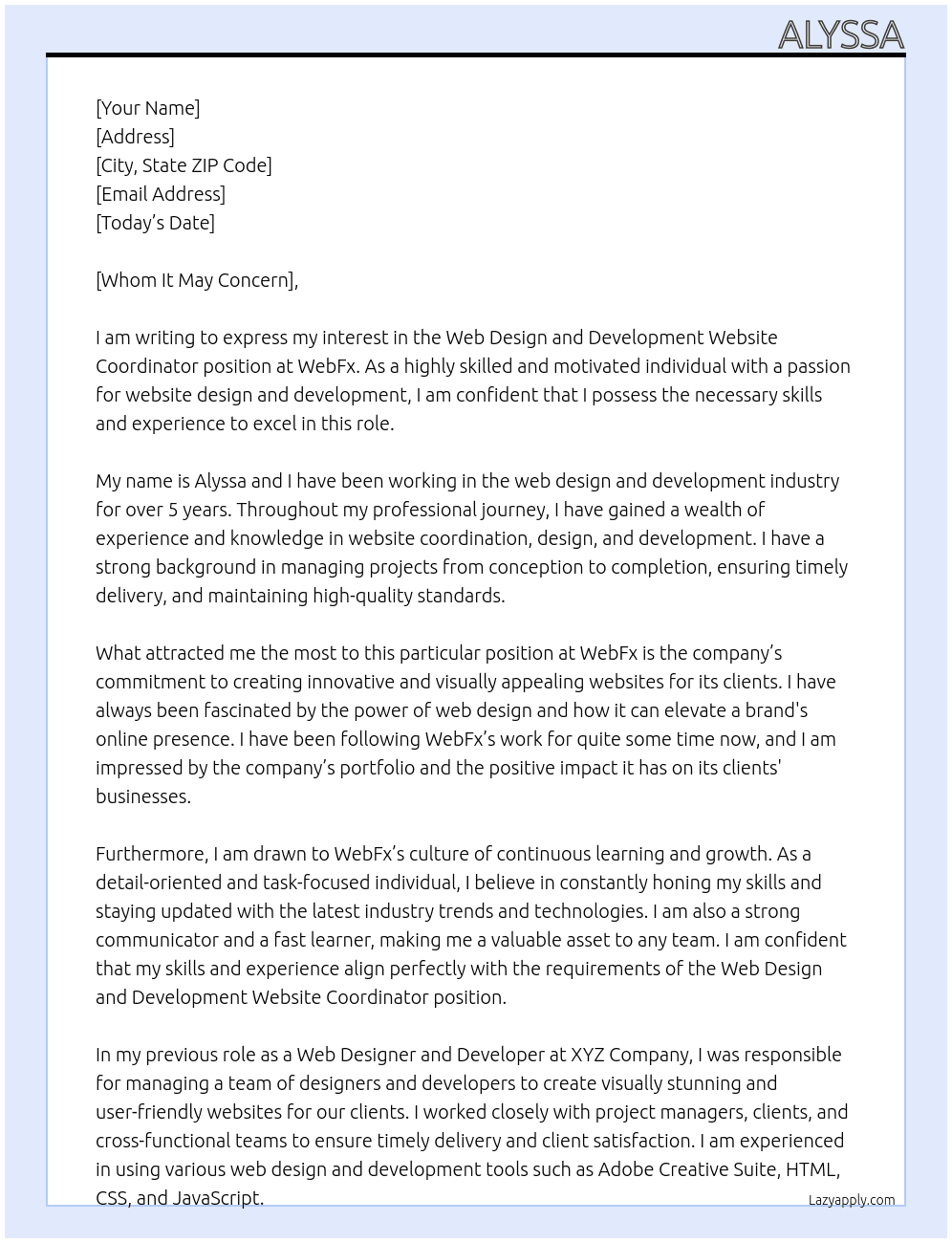 Web Design and Development Website Coordinator At WebFx Cover Letter