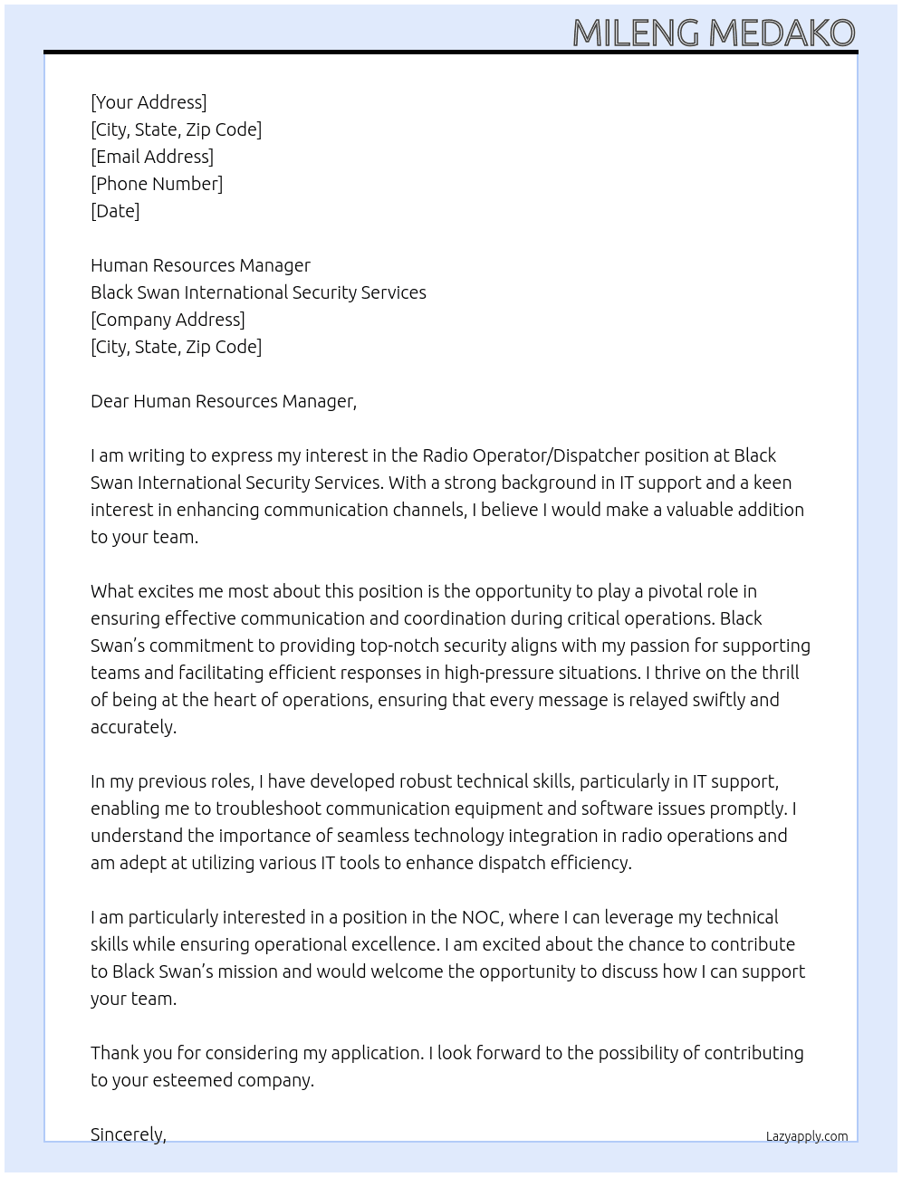 Radio Operator/Dispatcher  At Black Swan International Security Services  Cover Letter