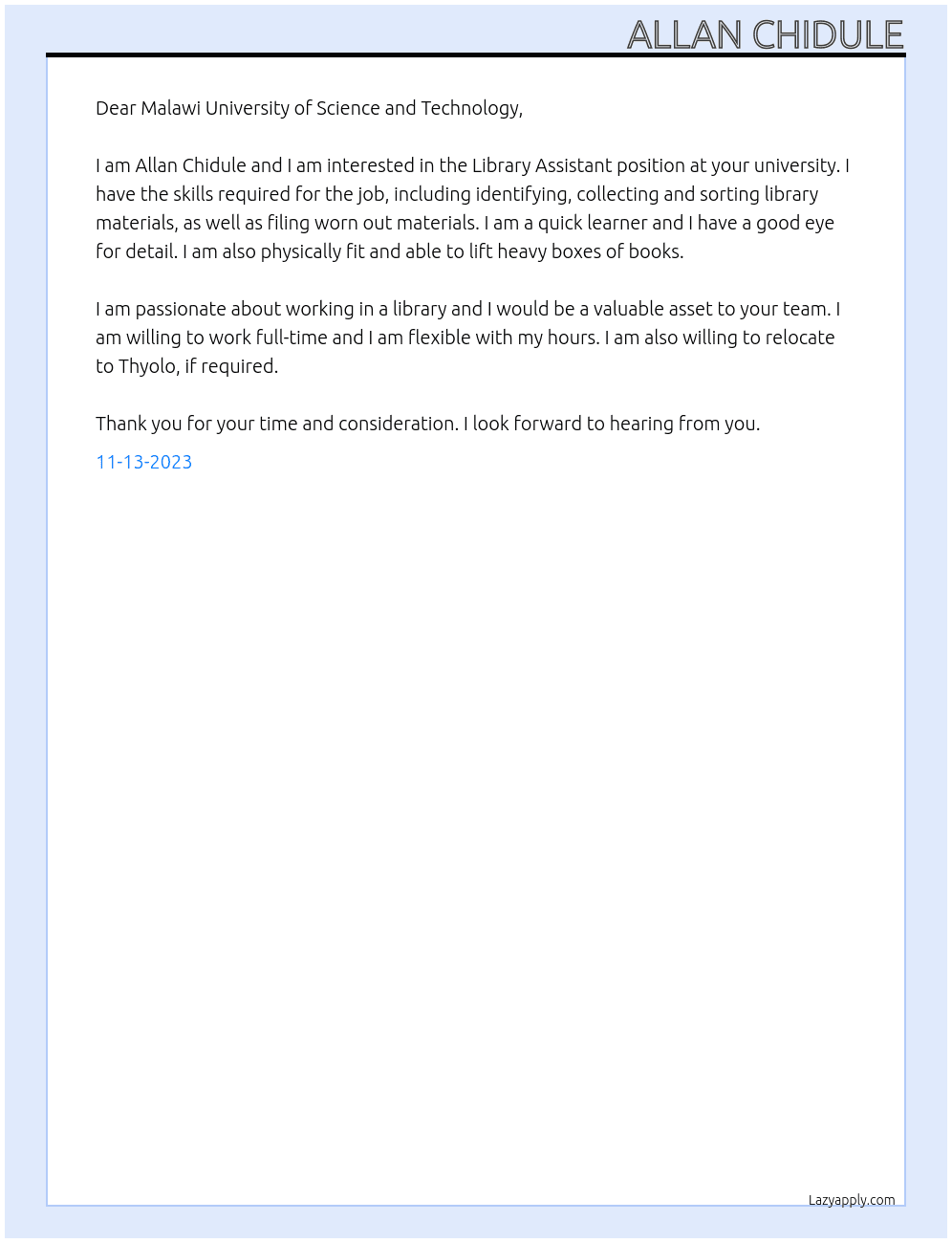 Library Assistant At Malawi University of Science and Techonology Cover Letter