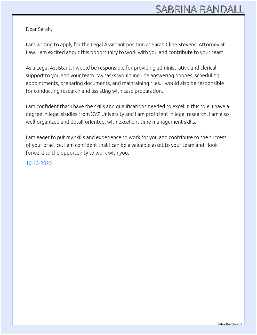 Legal Assistant At Sarah Cline Stevens, Attorney at Law Cover Letter