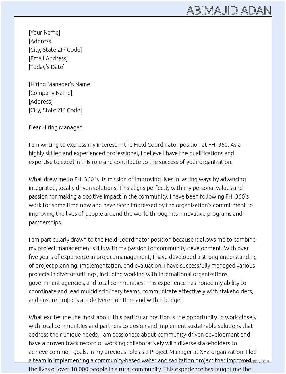 Field Coordinator At FHI 360 Cover Letter