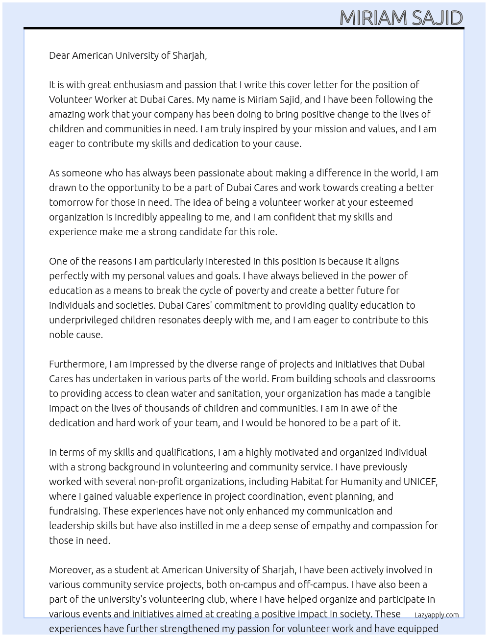 Volunteer worker At Dubai cares Cover Letter