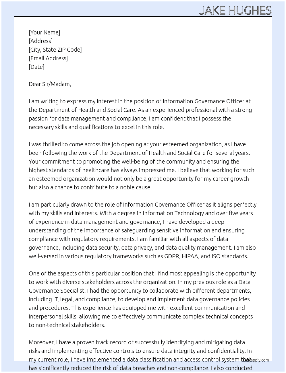 Information Governance Officer At Department of Health and Social Care Cover Letter