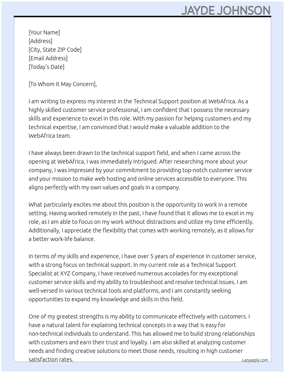 Technical Support At WebAfrica Cover Letter