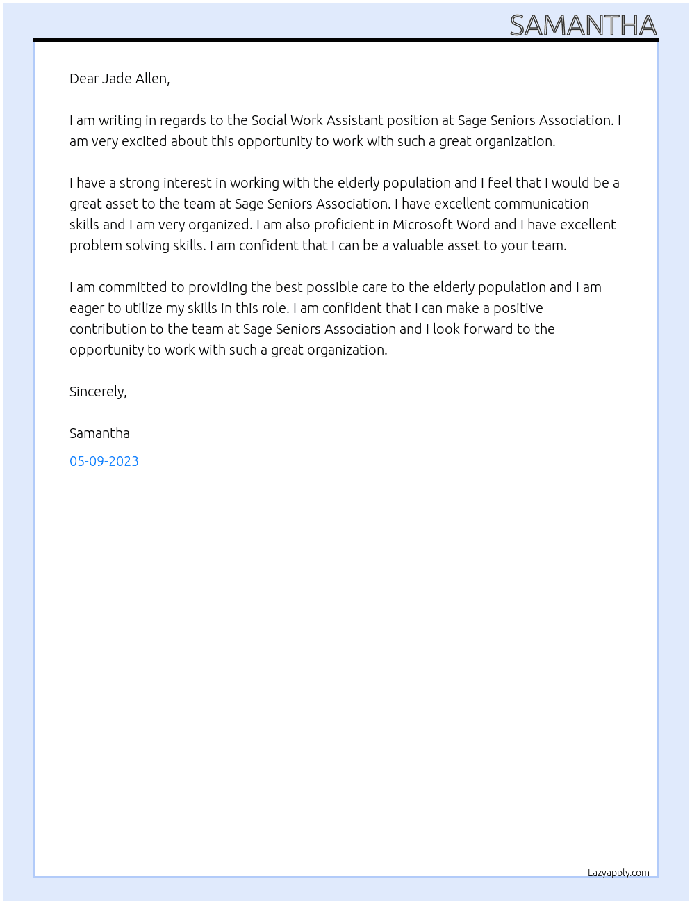 Social Work Assistant At Sage Seniors Association Cover Letter