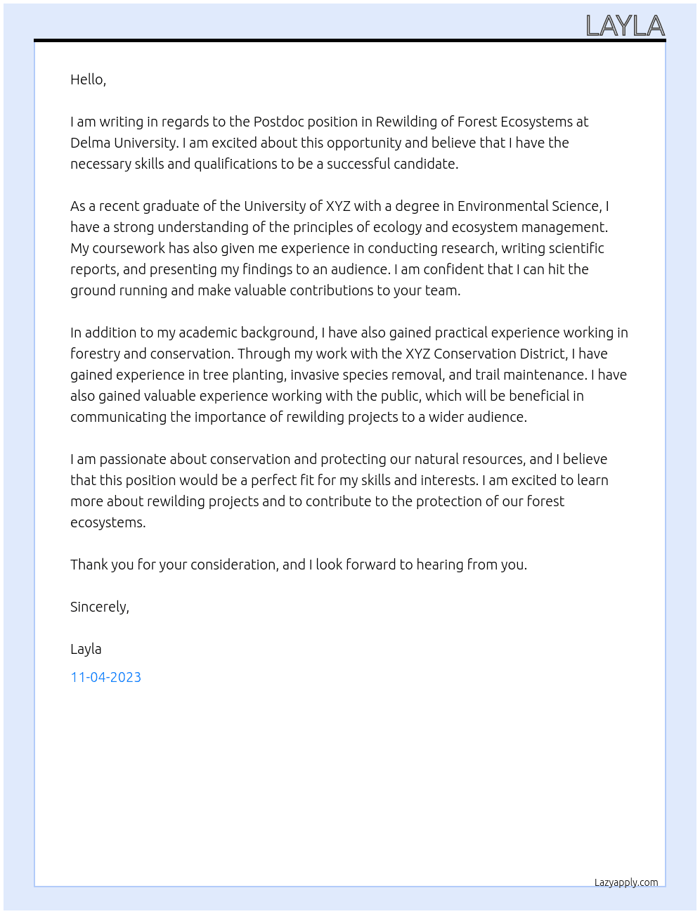 Postdoc position in Rewilding of Forest Ecosystems At Delma University Cover Letter