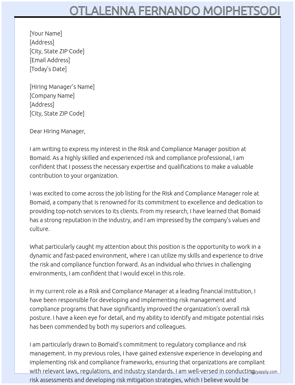 Risk and Compliance Manager At Bomaid Cover Letter
