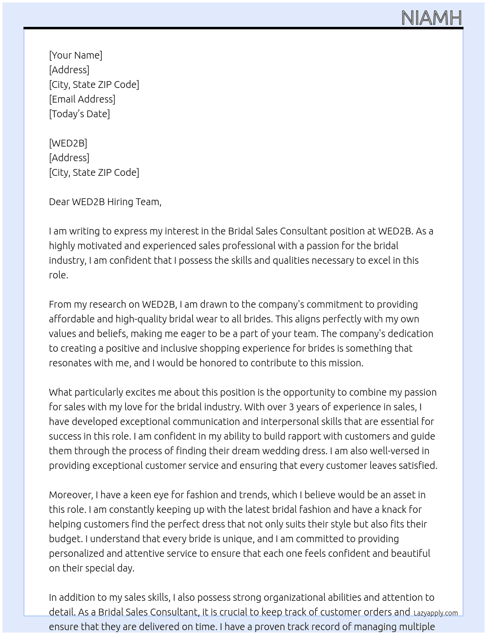 Bridal Sales Consultant  At WED2B Cover Letter
