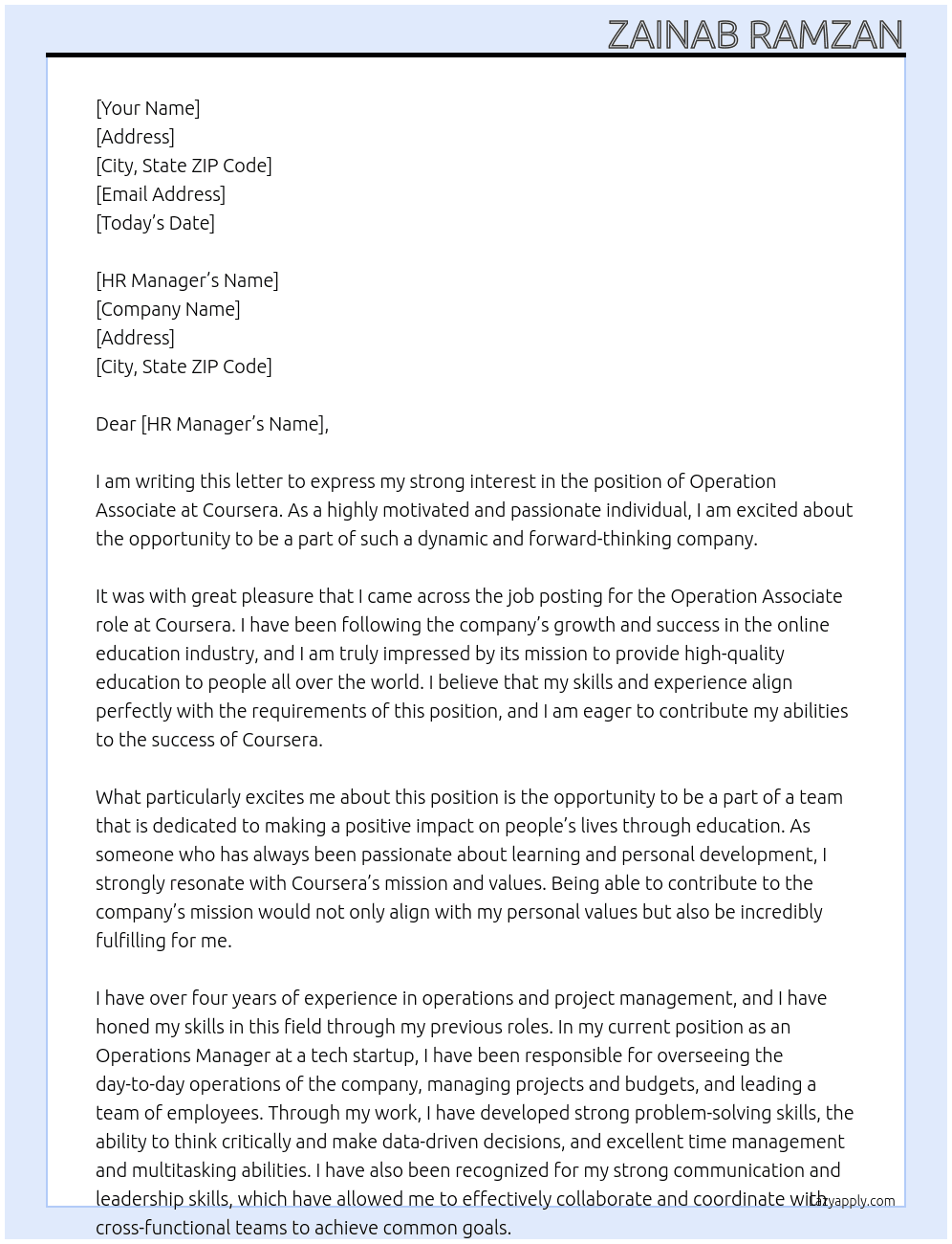Operation Associate  At Coursera  Cover Letter