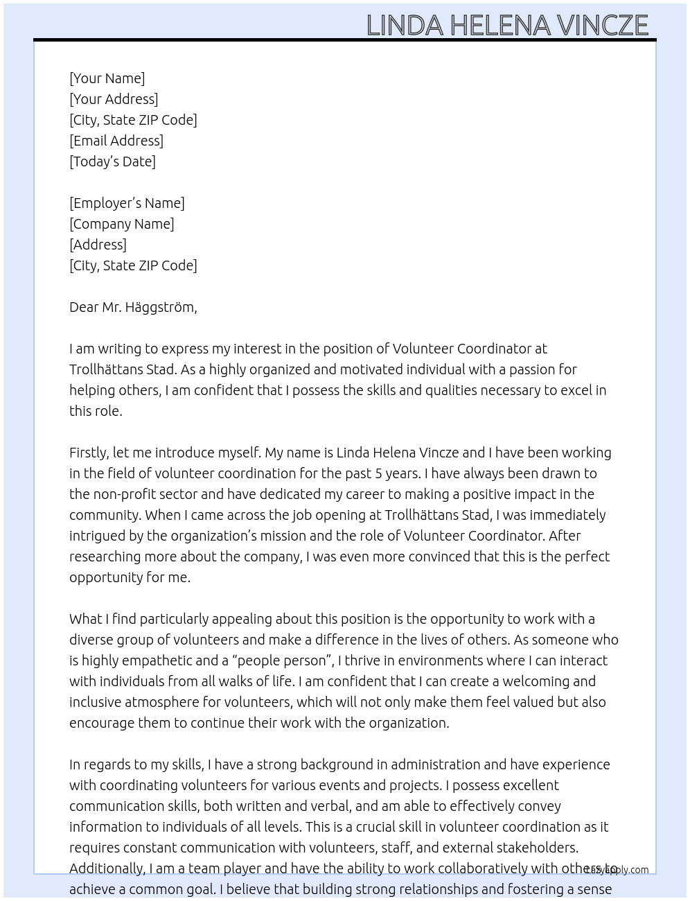 Volenteer Coordinator At Trollhättans Stad Cover Letter