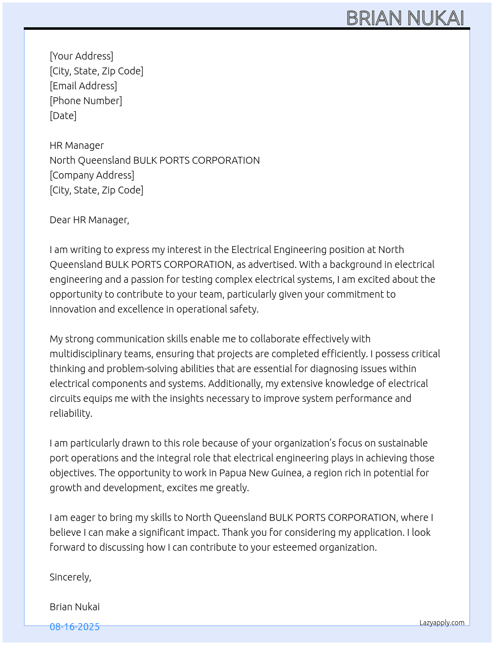 Electrical engineering  At North Queensland BULK PORTS CORPORATION  Cover Letter