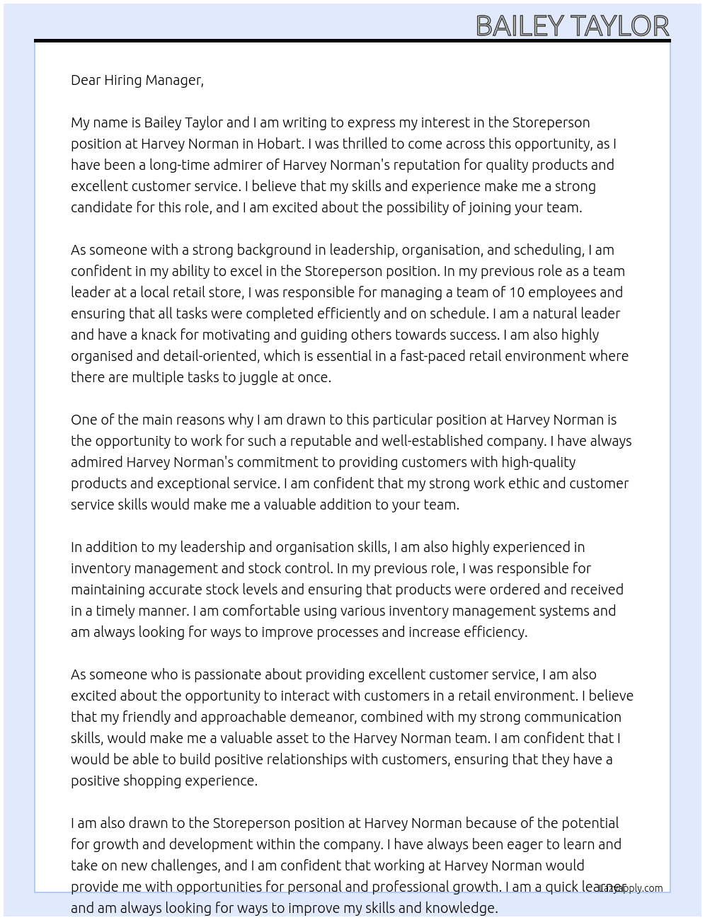 Storeperson At Harvey Norman  Cover Letter