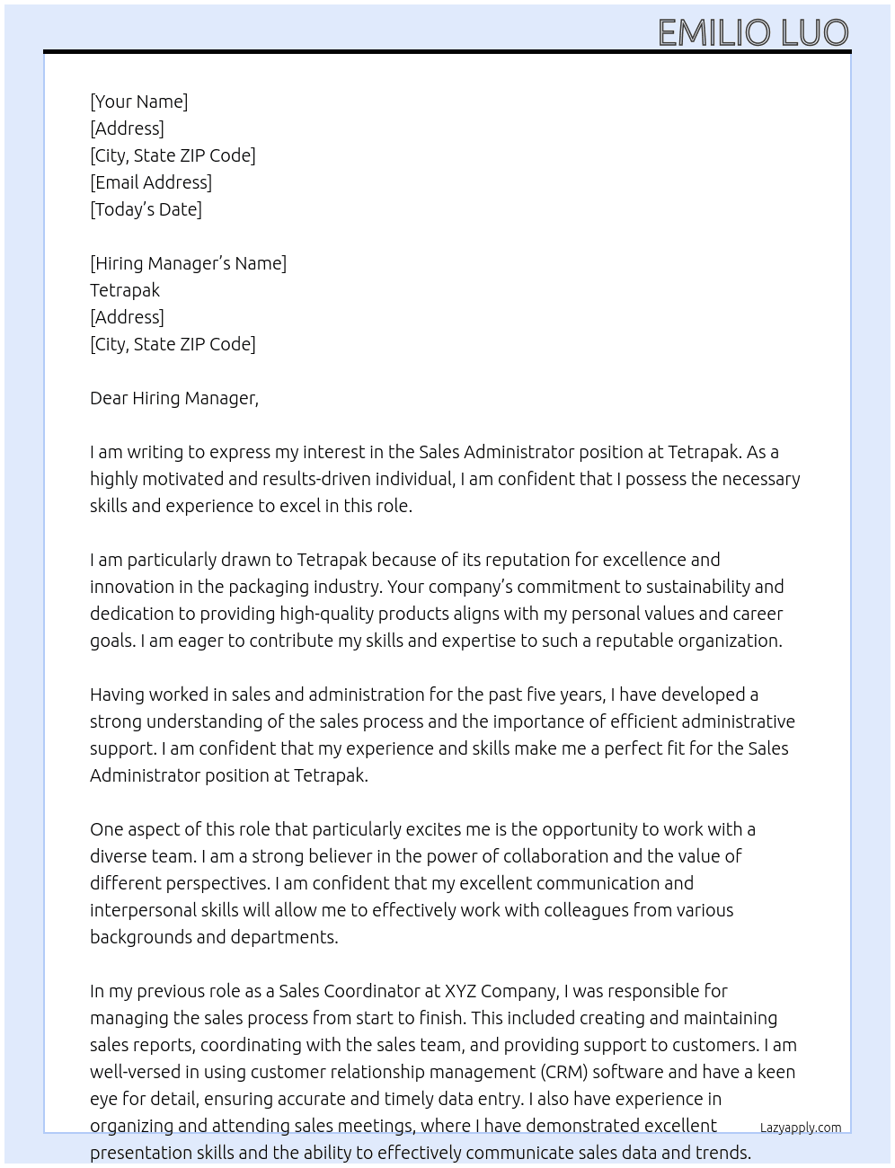 Sales Administrator At Tetrapak Cover Letter