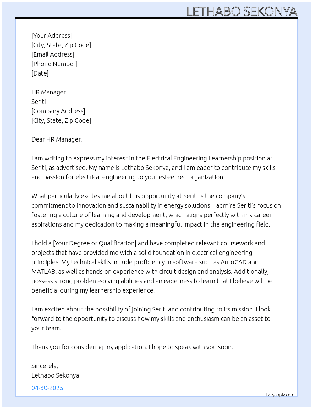Electrical engineering learnership At Seriti Cover Letter