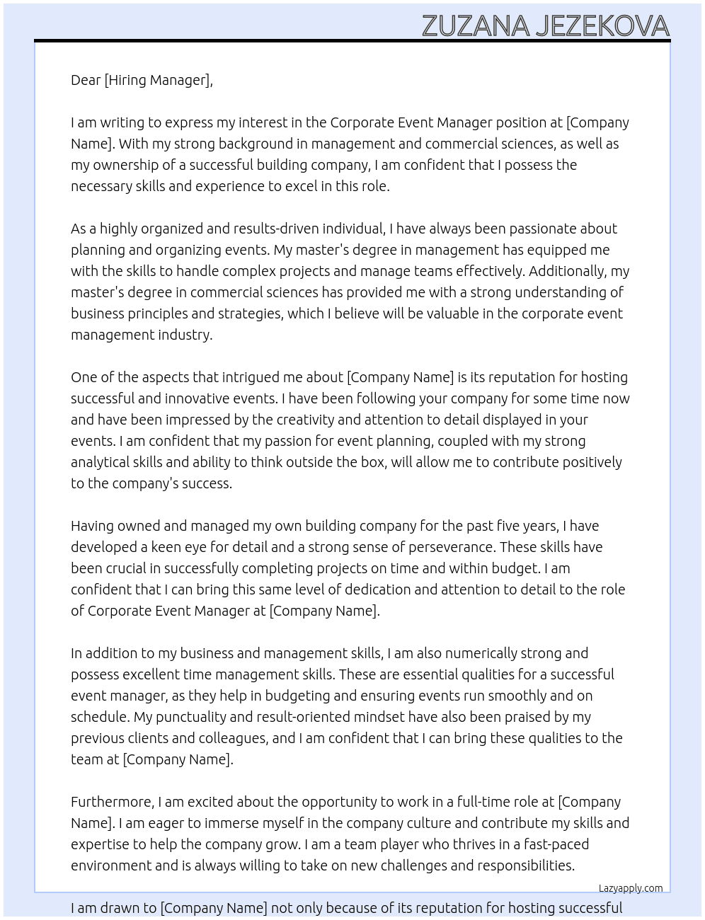 Corporate Event Manager At dont know Cover Letter