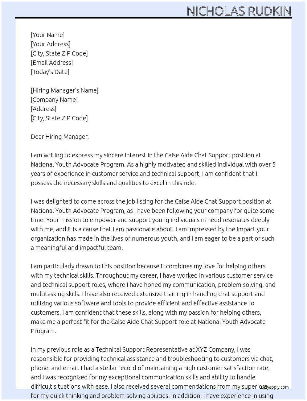 caise aide chat support At National Youth Advocate Program Cover Letter