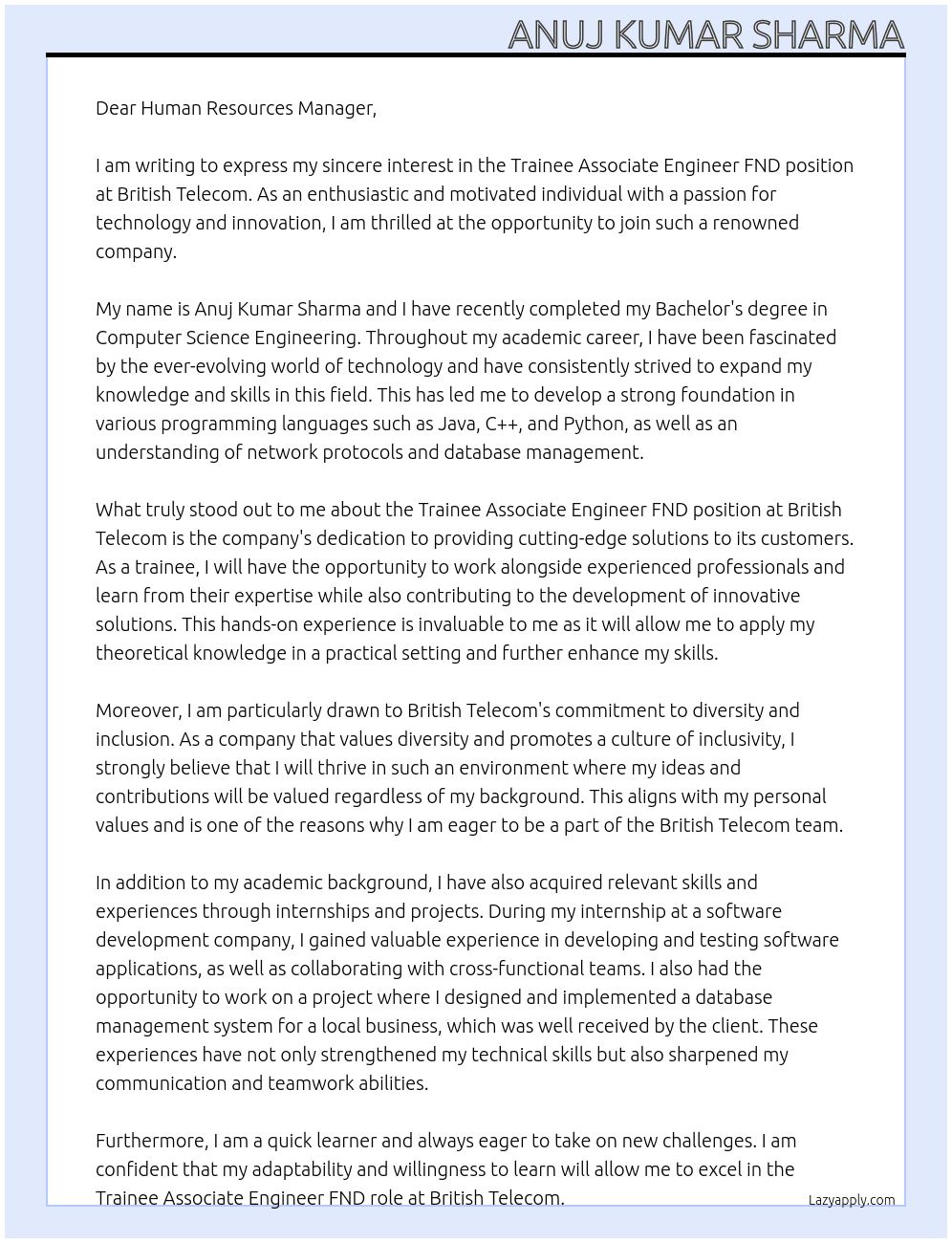 Trainee Associate Engineer FND At British Telecom Cover Letter