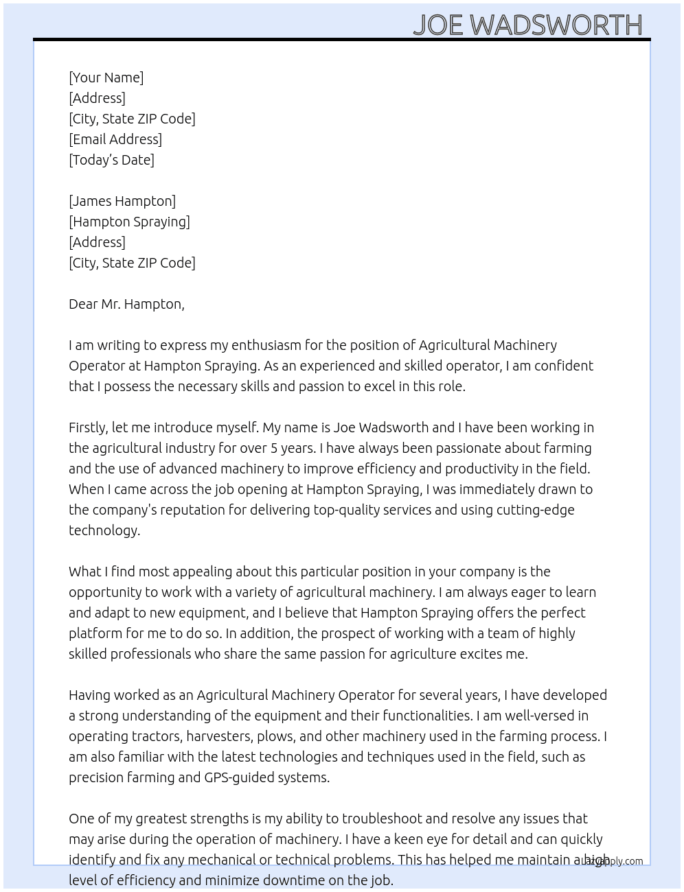 Agricultural Machinery Operator At Hampton Spraying Cover Letter