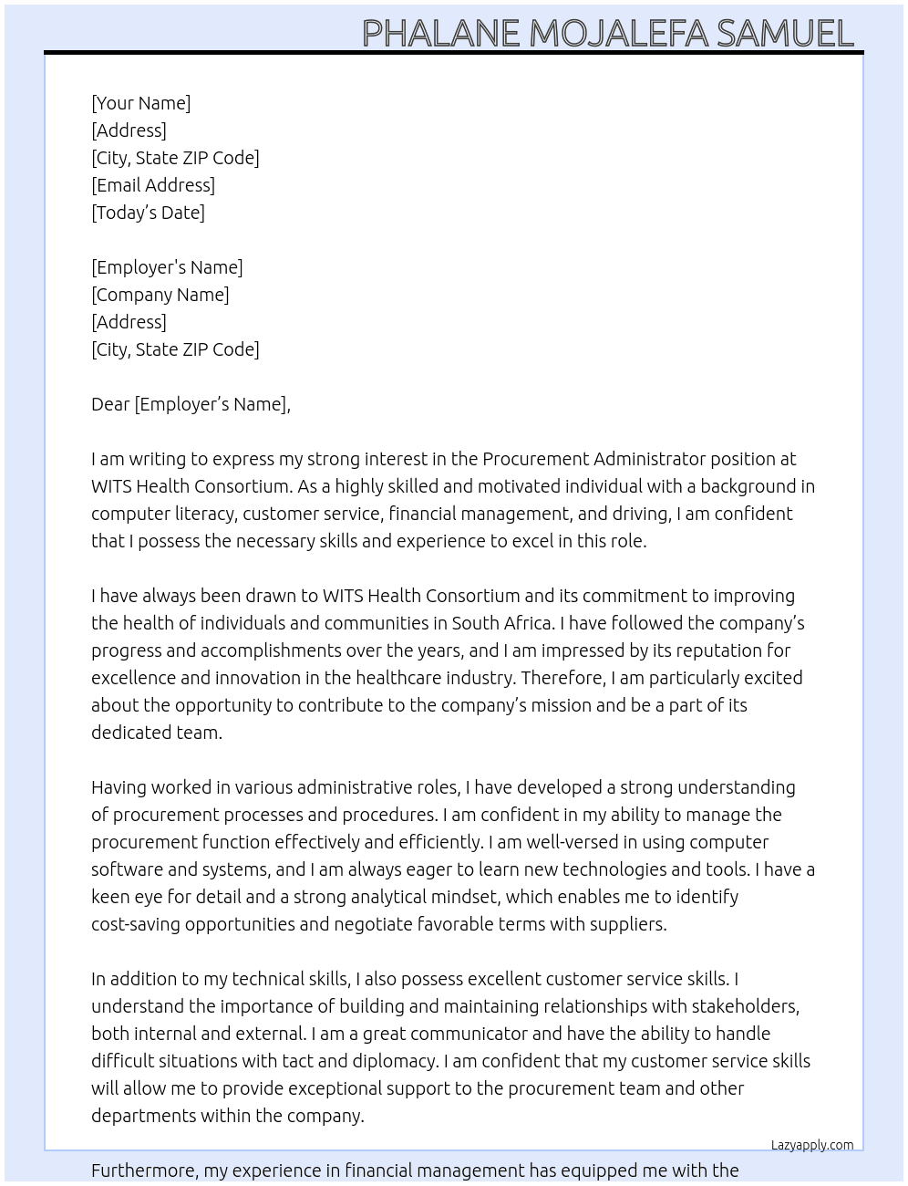 Procurement Administrator  At WITS Health Consortium  Cover Letter