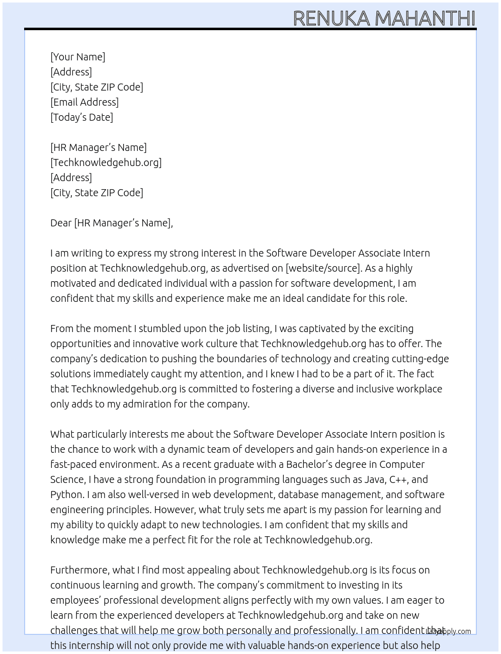 Software Developer Associate Intern At Techknowledgehub.org Cover Letter