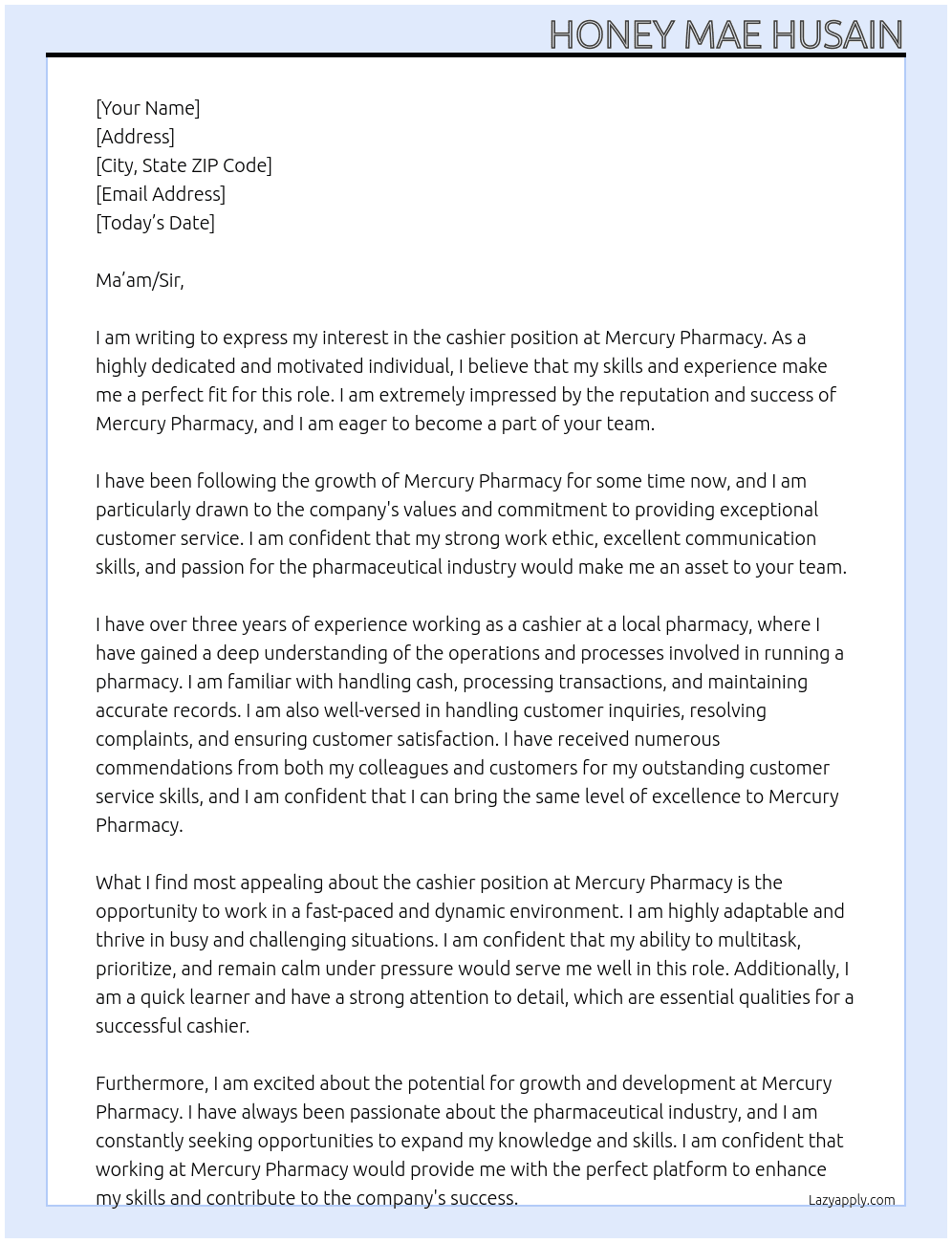 Mercury pharmacy  At Cashier  Cover Letter