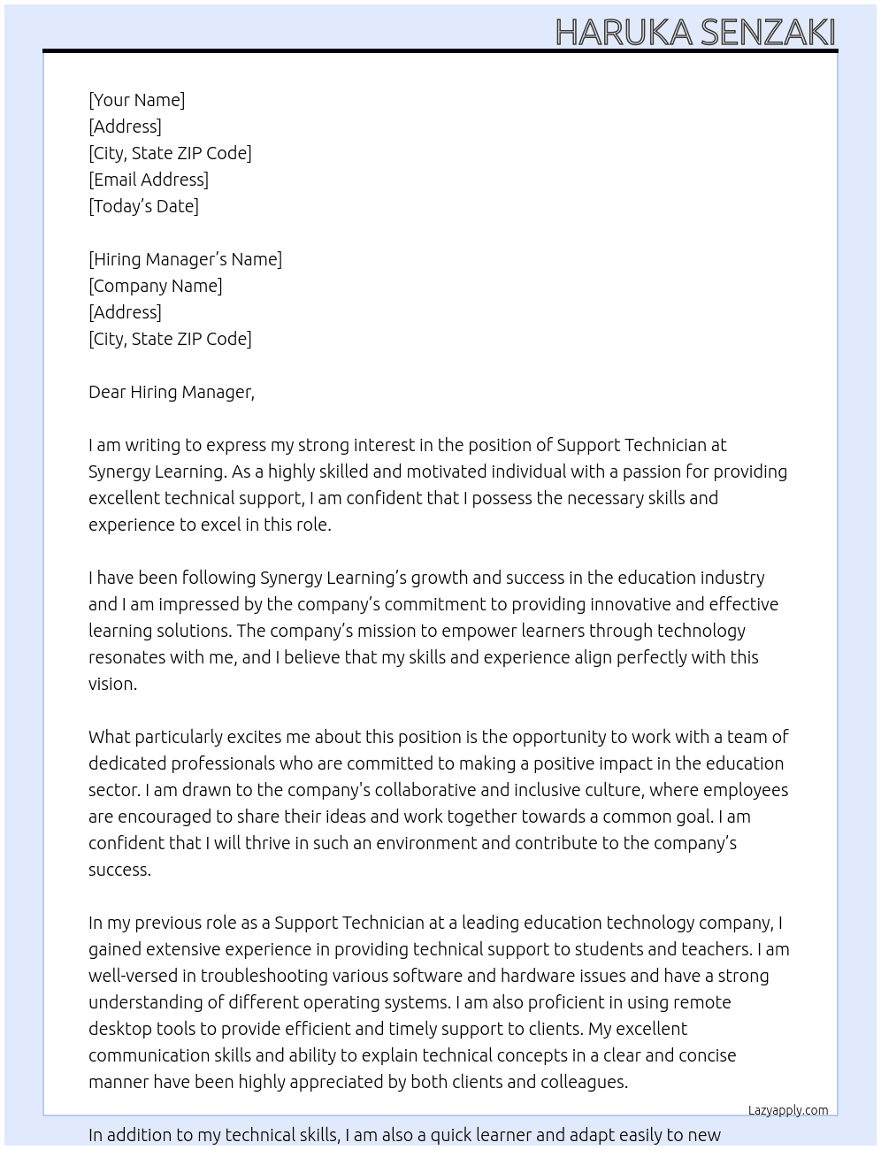 Support Technician At Synergy Learning Cover Letter