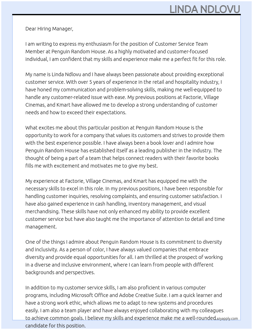 Customer Service Team Member At Penguin Random House Cover Letter