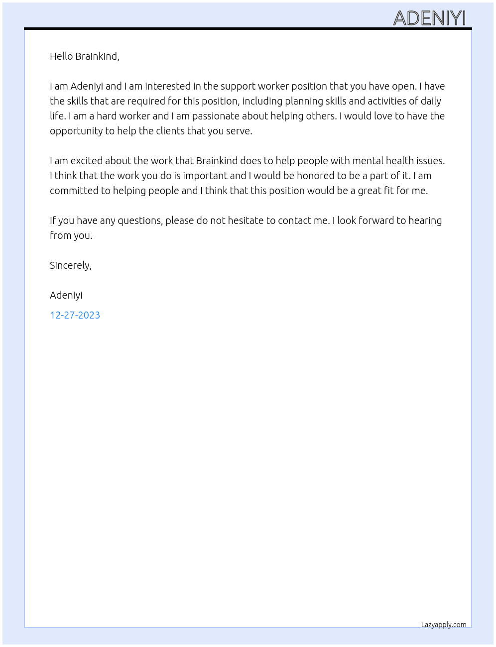 Support worker  At Brainkind  Cover Letter