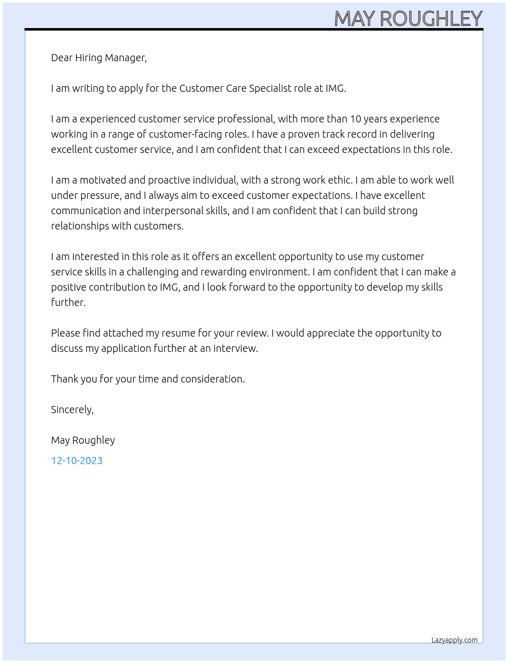 Customer Care Specialist At IMG Cover Letter
