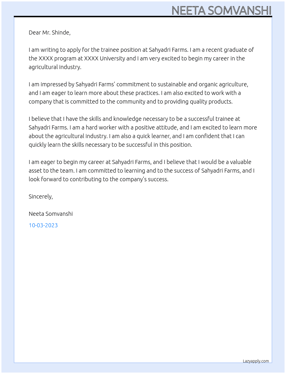 trainee At sahyadri farms Cover Letter