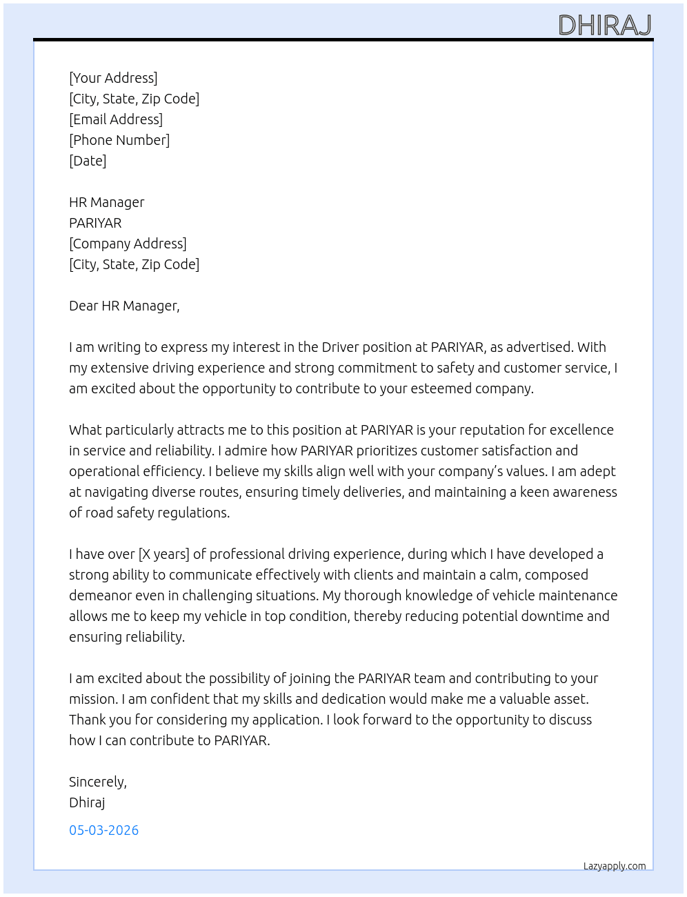 Driver  At PARIYAR Cover Letter