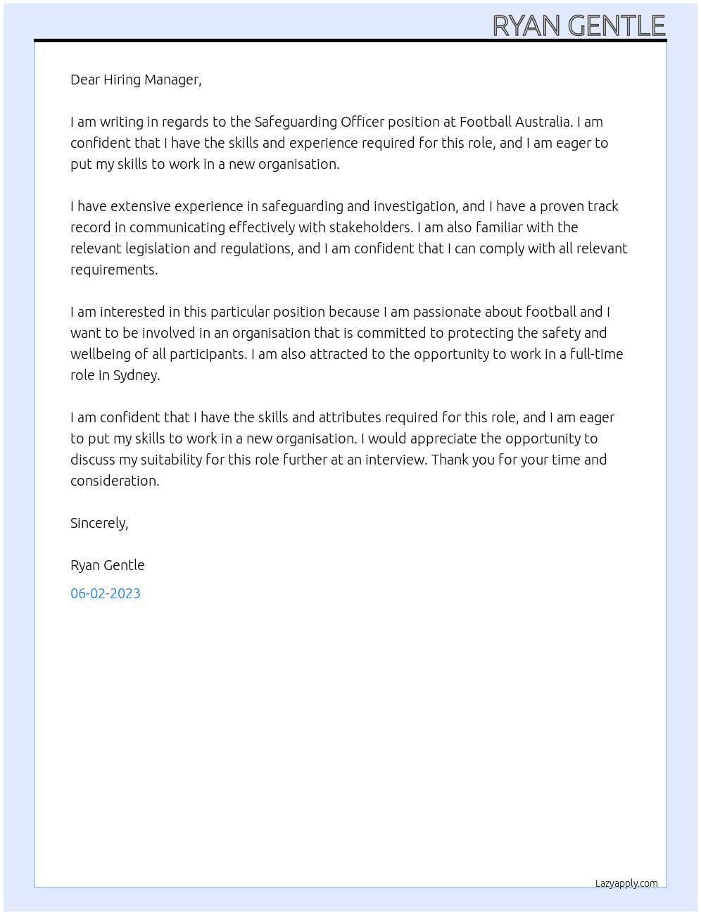 Safeguarding Officer At Football Australia Cover Letter