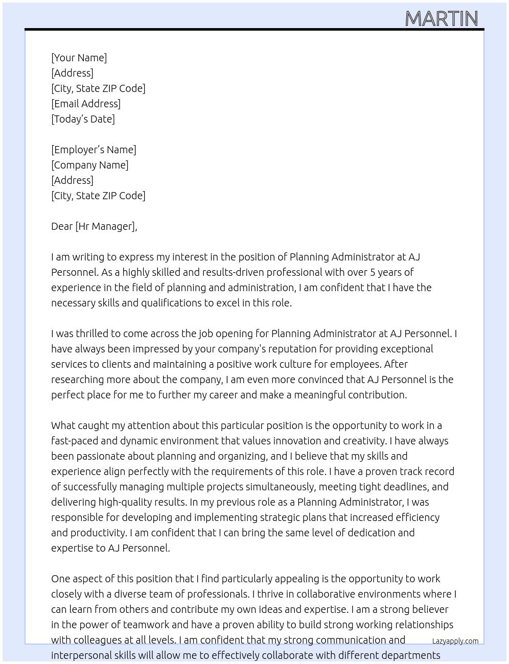 Planning administrator  At AJ personnel  Cover Letter