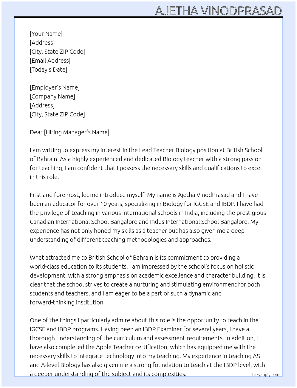 Lead Teacher Biology At British school of bahrain Cover Letter